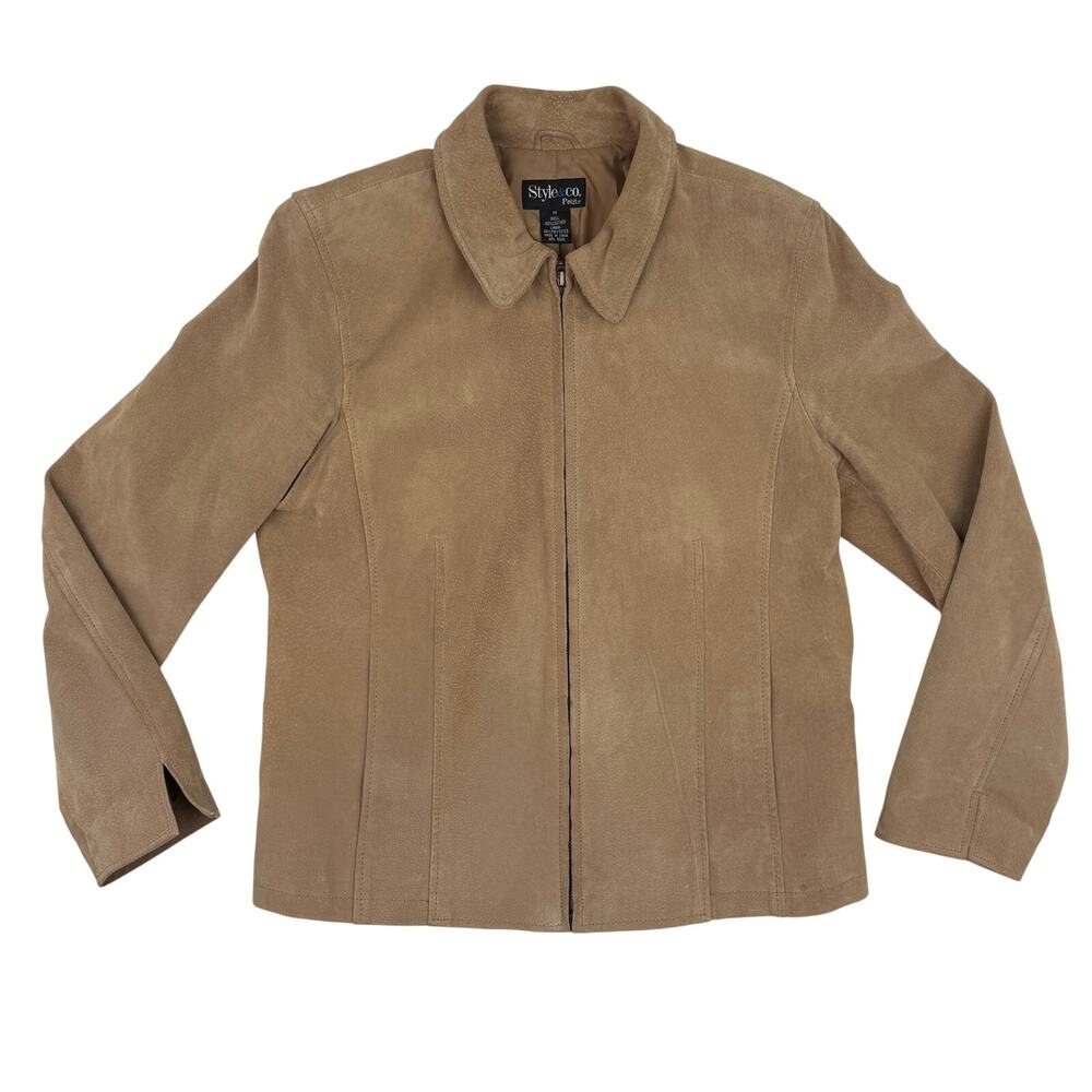 Style & Co Leather Zip Jacket Petite Medium Tan Suede Classic Y2K Minimalist
